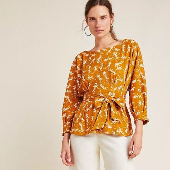 Anthropologie Tops - Anthropologie Amber Dolman Sleeve Belted Blouse Floral Mustard